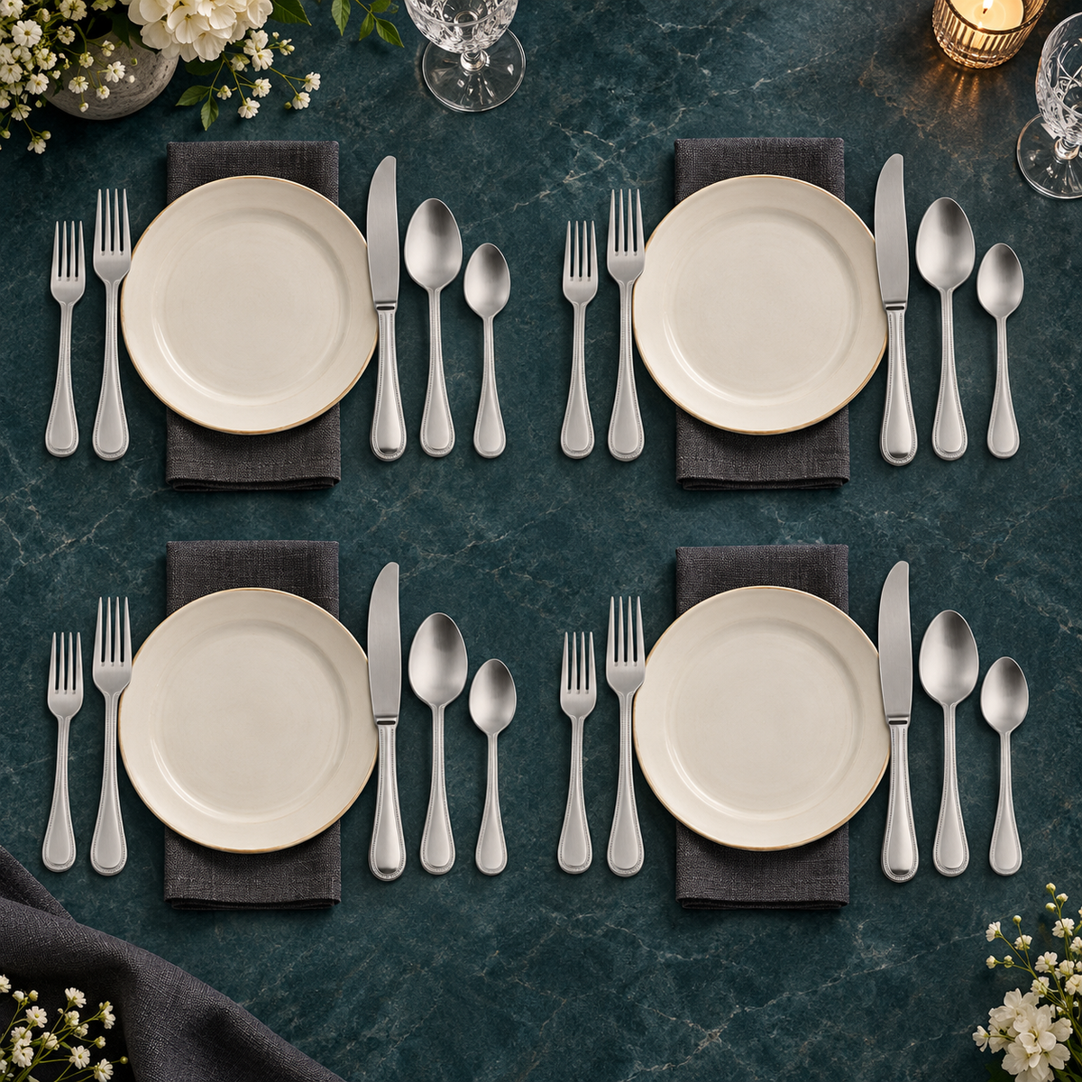 Mepra Perla Ice 20-piece brushed silver flatware displayed as four refined evening place settings