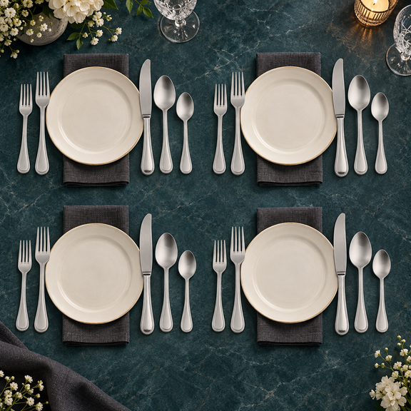 Mepra Perla Ice 20-piece brushed silver flatware displayed as four refined evening place settings