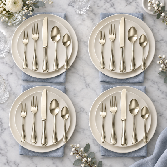 Mepra Perla Ice Champagne 20-piece brushed flatware arranged as four airy winter-inspired place settings