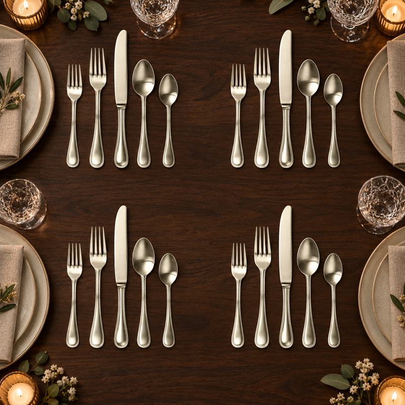 Mepra Perla Ice Champagne 20-piece brushed flatware displayed as four elegant evening place settings