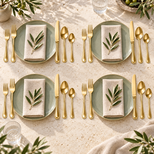 Mepra Perla Ice Oro 20-piece brushed gold flatware arranged as four sunlit Mediterranean place settings