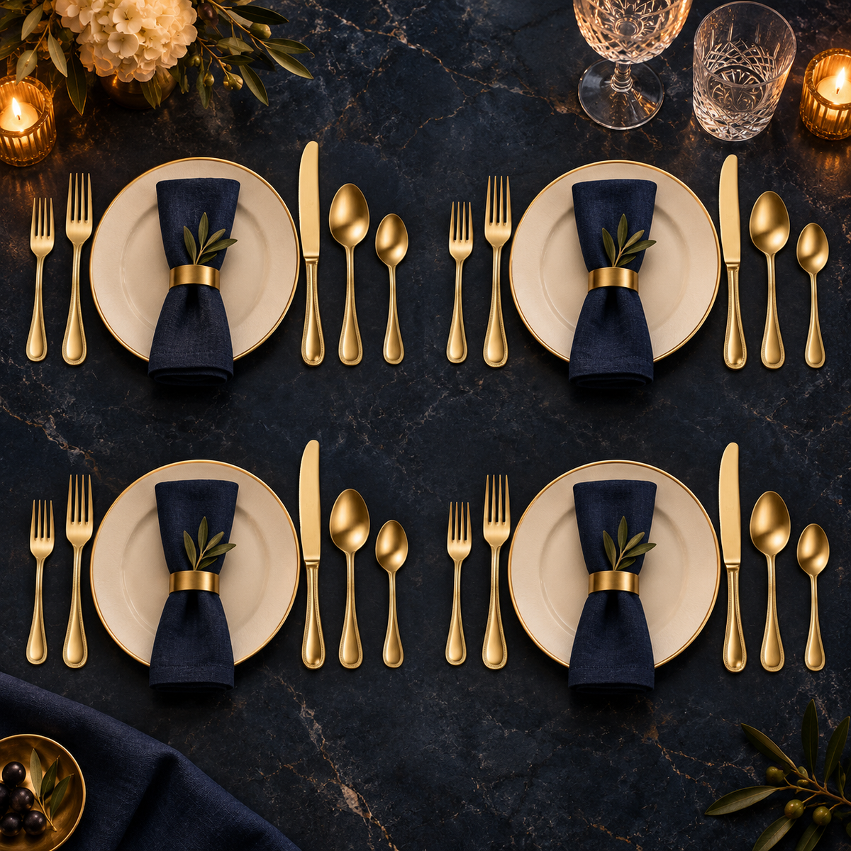 Mepra Perla Ice Oro 20-piece brushed gold flatware displayed as four formal navy evening place settings
