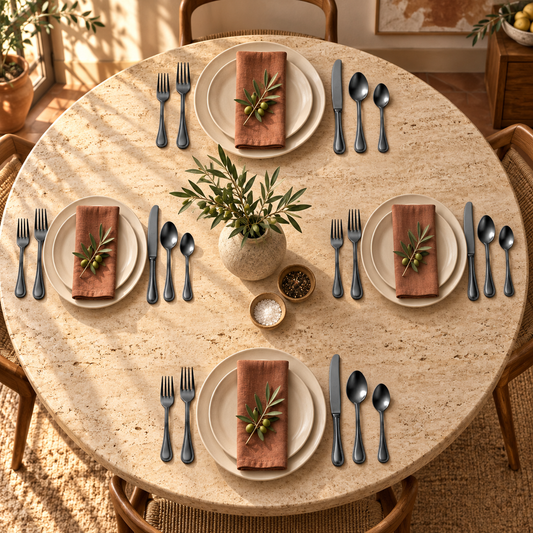 Mepra Perla Ice Oro Nero 20-piece dark flatware arranged as four sunlit Italian place settings