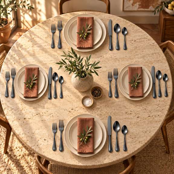 Mepra Perla Ice Oro Nero 20-piece dark flatware arranged as four sunlit Italian place settings