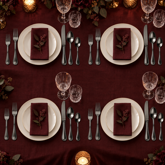 Mepra Perla Ice Oro Nero 20-piece dark flatware displayed as four formal burgundy place settings