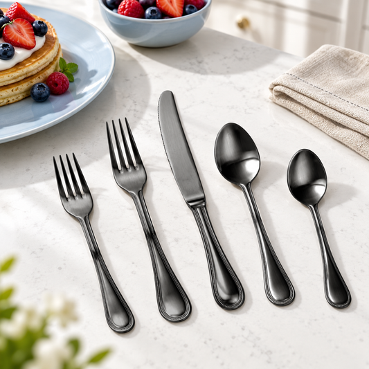 Mepra Perla Ice Oro Nero five-piece gunmetal flatware in a bright kitchen breakfast setting