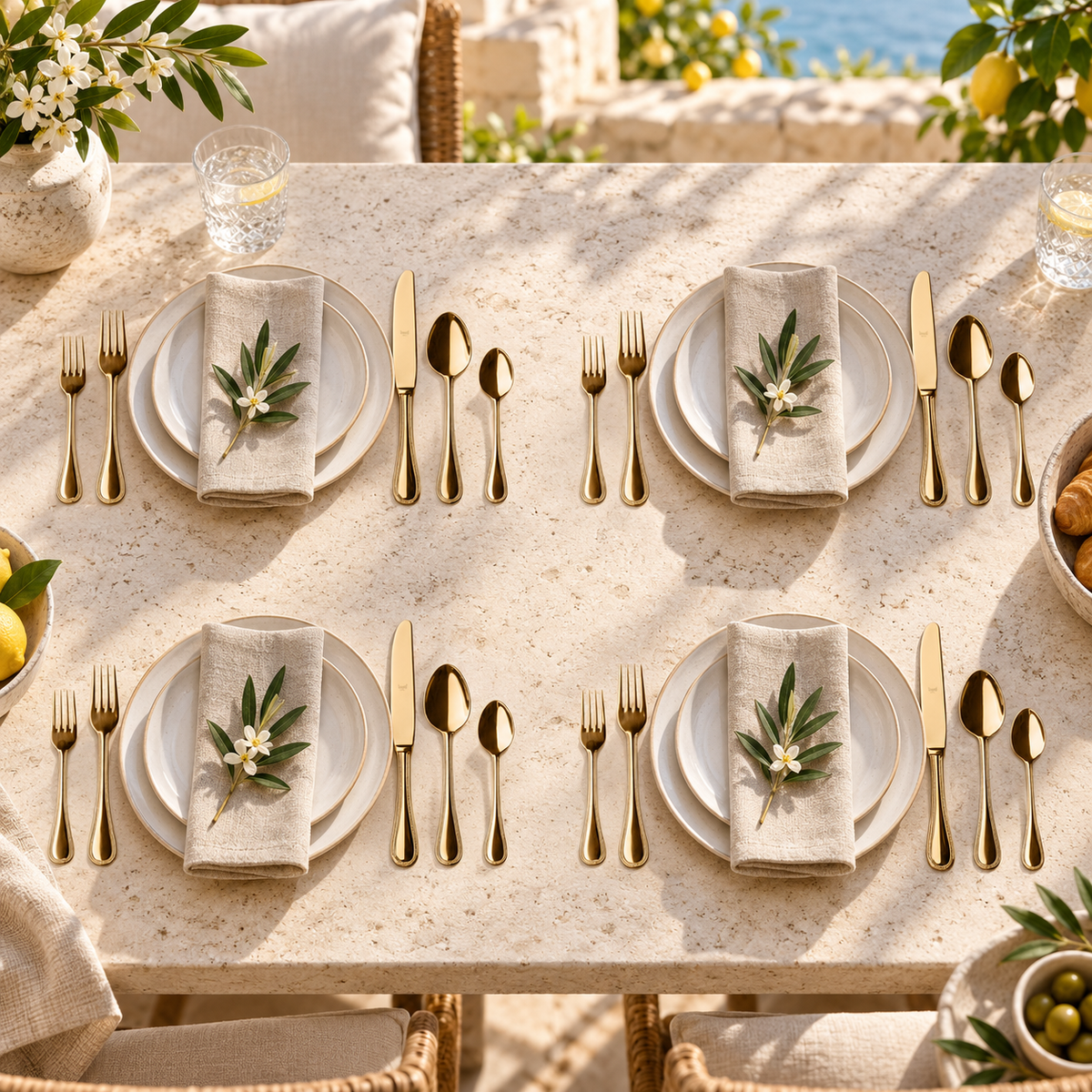 Mepra Perla Oro 20-piece gold flatware arranged as four sunlit Mediterranean place settings