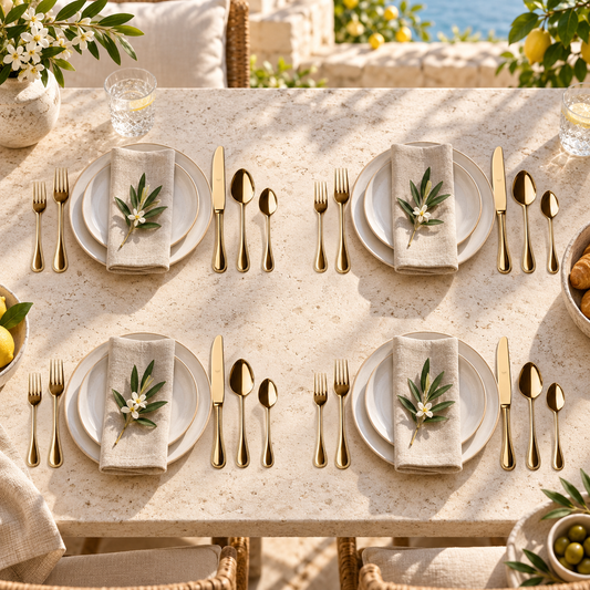 Mepra Perla Oro 20-piece gold flatware arranged as four sunlit Mediterranean place settings