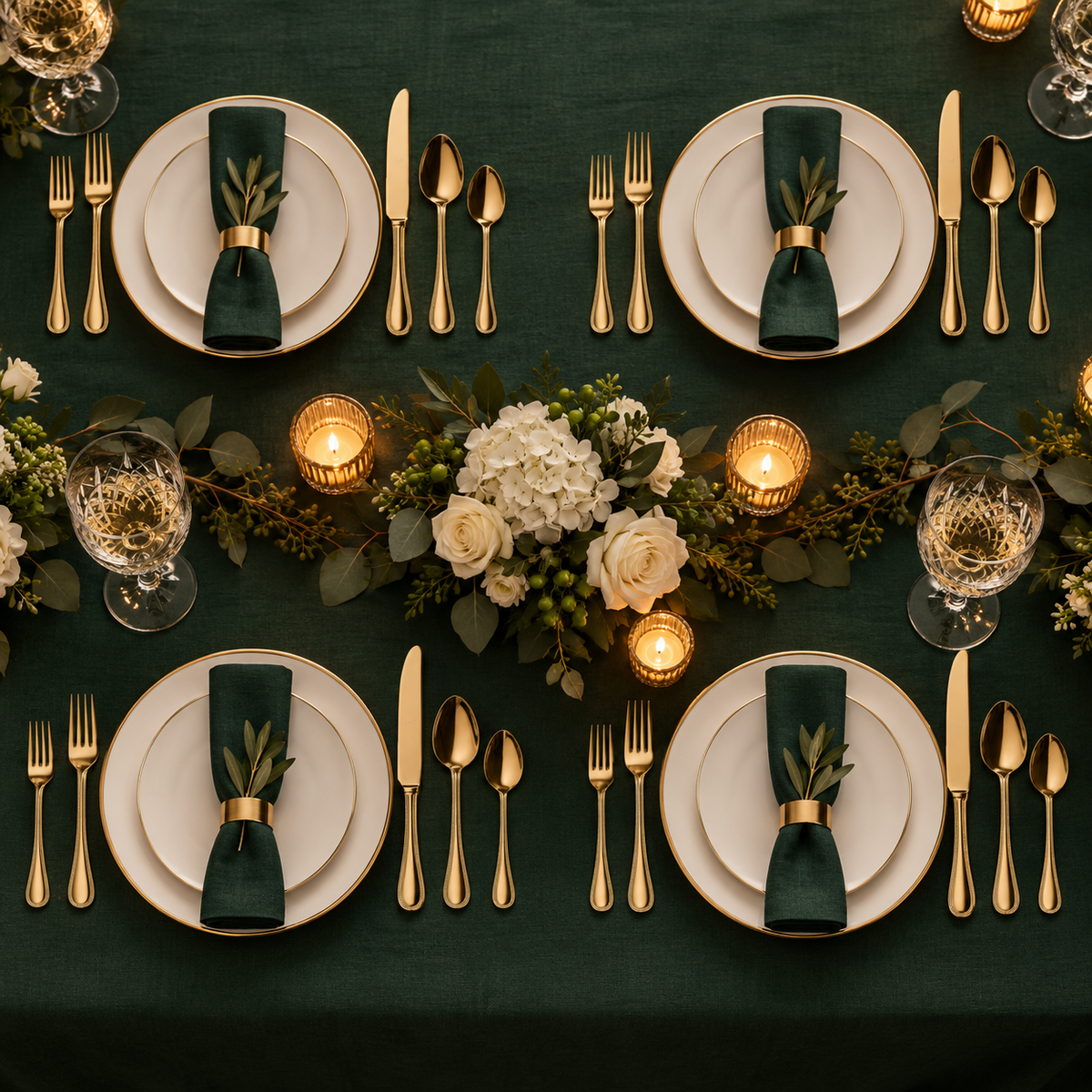 Mepra Perla Oro 20-piece gold flatware displayed as four formal emerald evening place settings