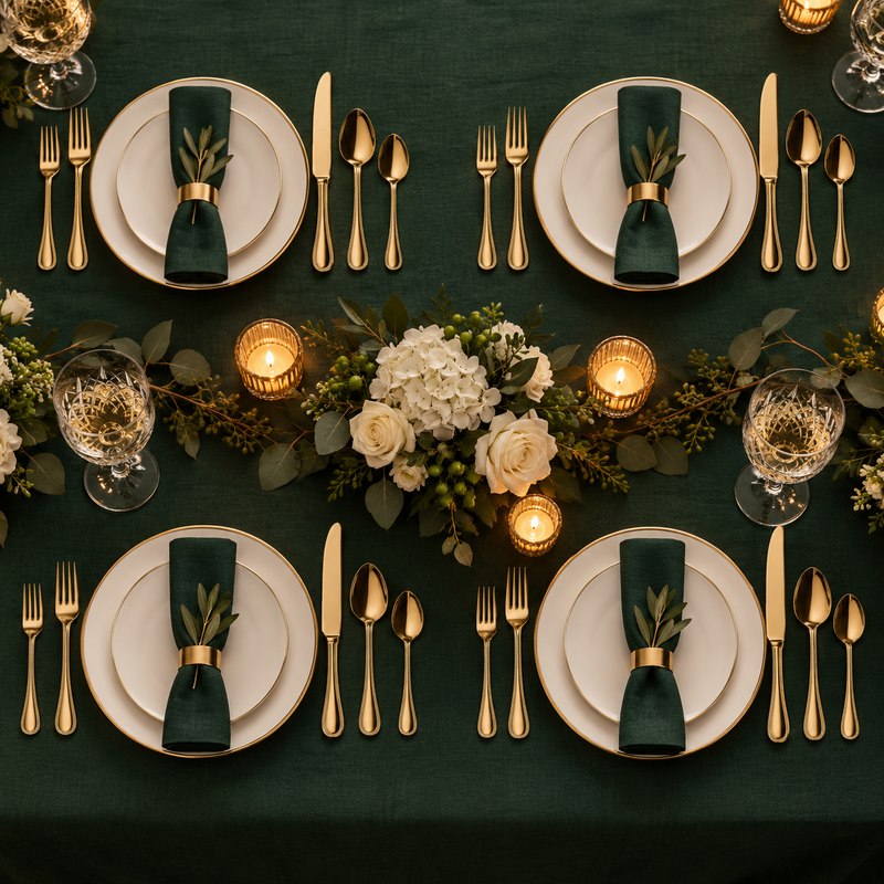 Mepra Perla Oro 20-piece gold flatware displayed as four formal emerald evening place settings