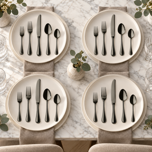 Mepra Perla Oro Nero 20-piece polished dark flatware arranged as four marble-table place settings