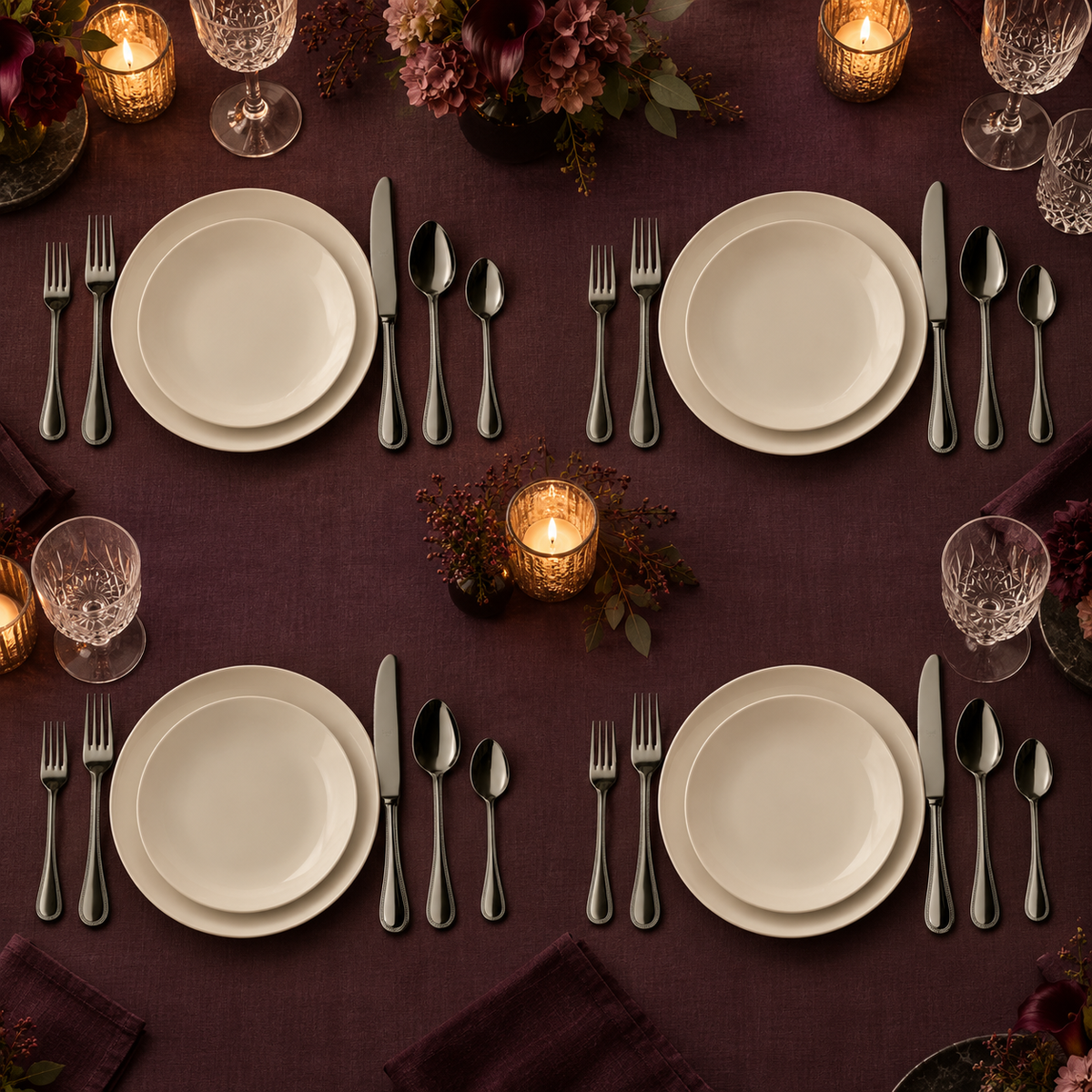 Mepra Perla Oro Nero 20-piece polished dark flatware displayed as four formal aubergine place settings