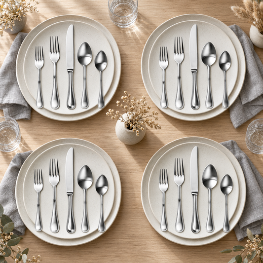 Mepra Perla Pewter 20-piece flatware arranged as four Scandinavian-inspired daylight place settings