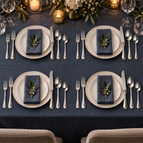 Mepra Perla Pewter 20-piece flatware displayed as four formal slate-blue evening place settings