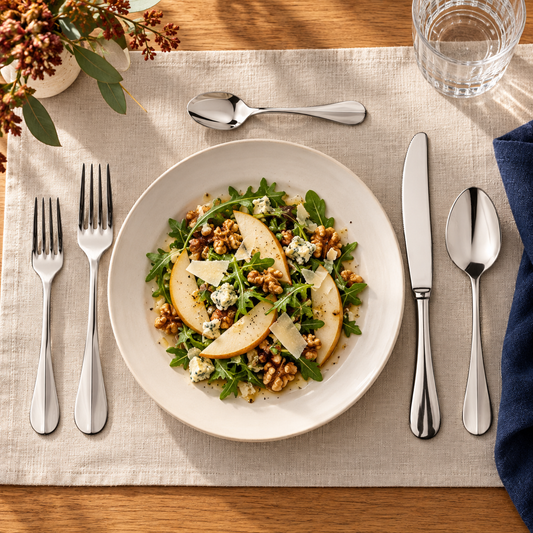 Mepra Roma five-piece polished silver flatware setting with pear salad