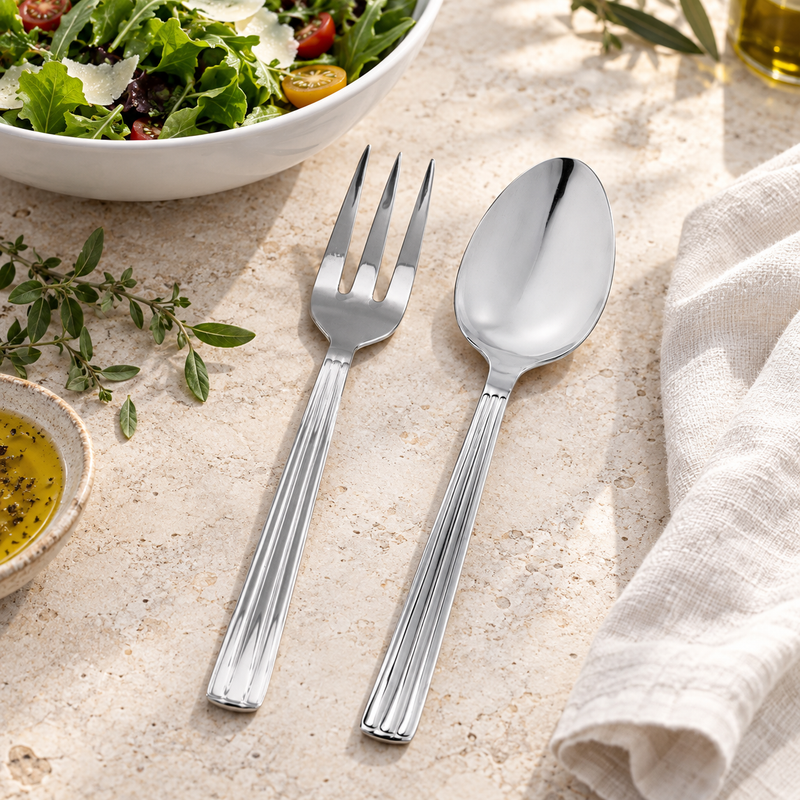 Mepra Sole two-piece stainless steel serving set in a bright Mediterranean salad setting