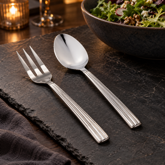 Mepra Sole two-piece stainless steel serving set in an elegant evening dining setting