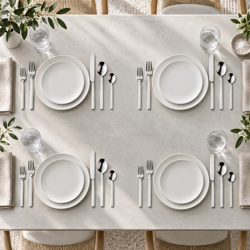 Mepra Stile 20-piece polished steel flatware arranged as four bright contemporary place settings