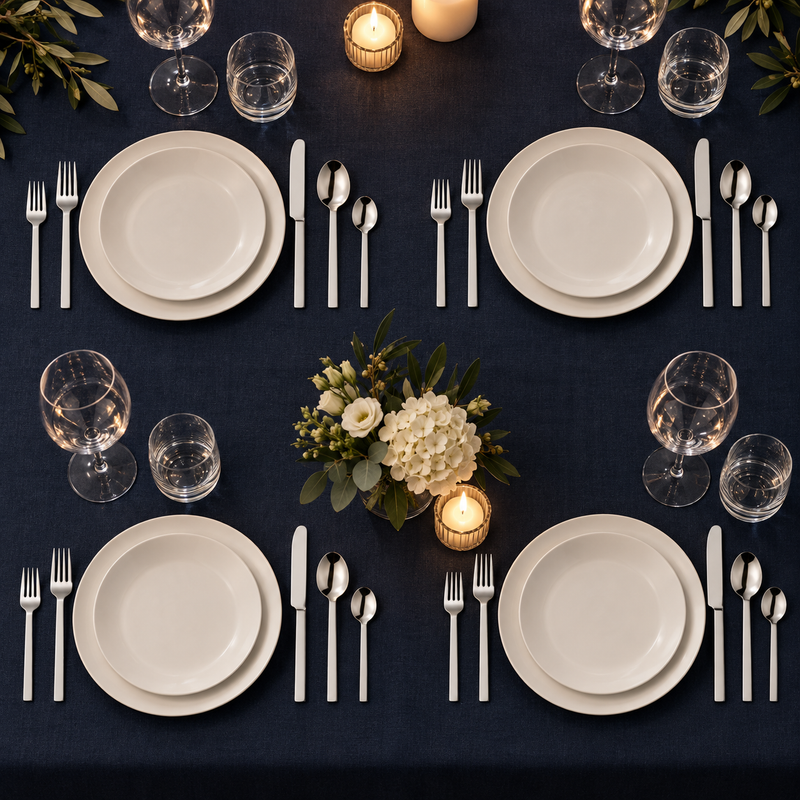 Mepra Stile 20-piece polished steel flatware displayed as four formal navy evening place settings