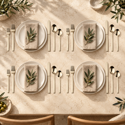 Mepra Stile Champagne 20-piece flatware arranged as four sunlit limestone-table place settings