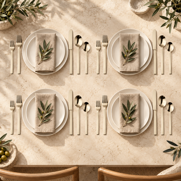 Mepra Stile Champagne 20-piece flatware arranged as four sunlit limestone-table place settings