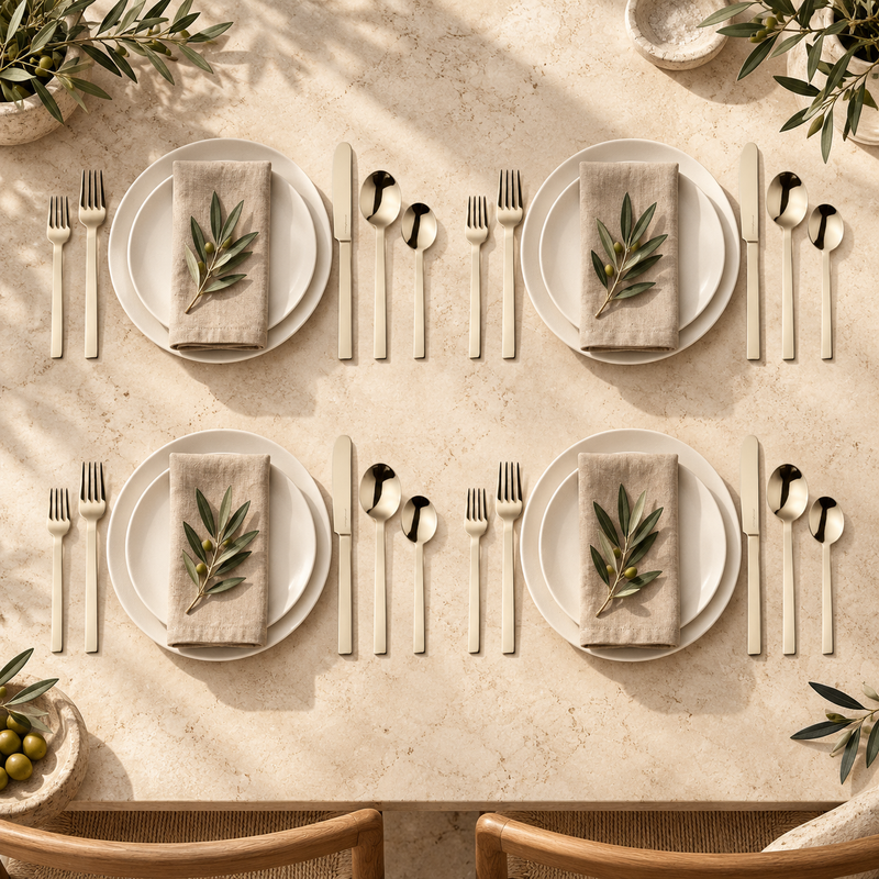 Mepra Stile Champagne 20-piece flatware arranged as four sunlit limestone-table place settings