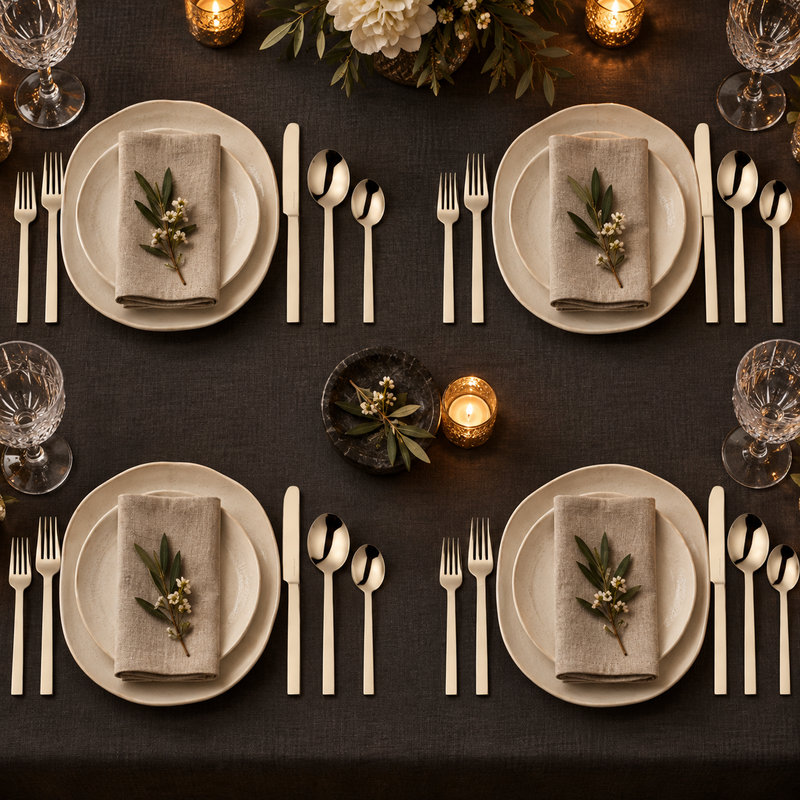 Mepra Stile Champagne 20-piece flatware displayed as four formal charcoal evening place settings
