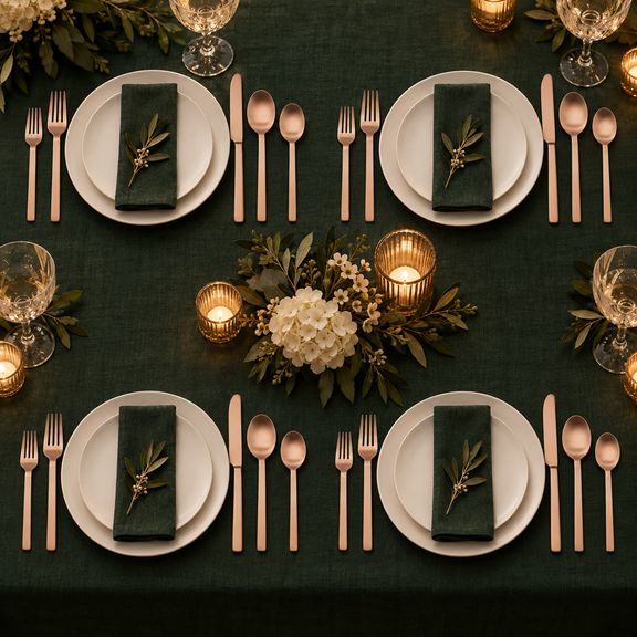 Mepra Stile Ice Bronzo 20-piece flatware displayed as four formal forest-green place settings