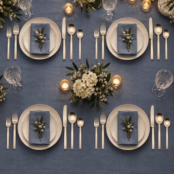 Mepra Stile Ice Champagne 20-piece flatware displayed as four dusty-blue evening place settings