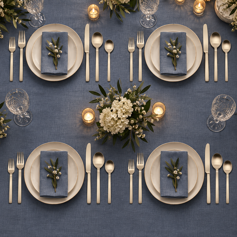 Mepra Stile Ice Champagne 20-piece flatware displayed as four dusty-blue evening place settings