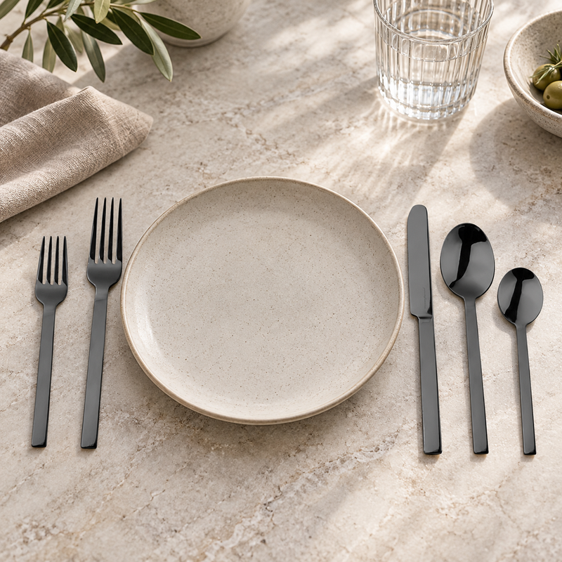 Representative five-piece setting from Mepra Stile Oro Nero 20-piece set on light stone tabletop