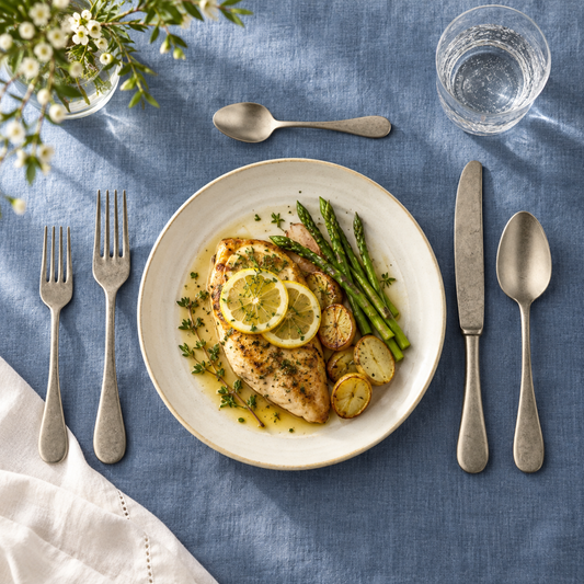 Mepra Vintage Champagne five-piece flatware setting on blue linen