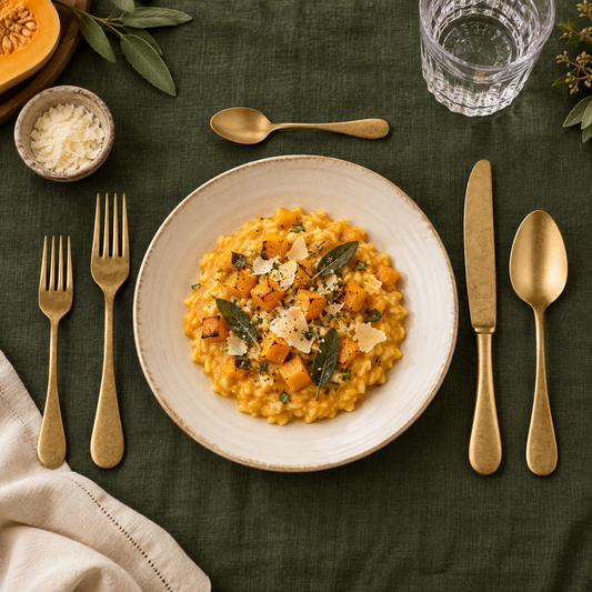 Mepra Vintage Oro five-piece antique gold flatware setting with squash risotto