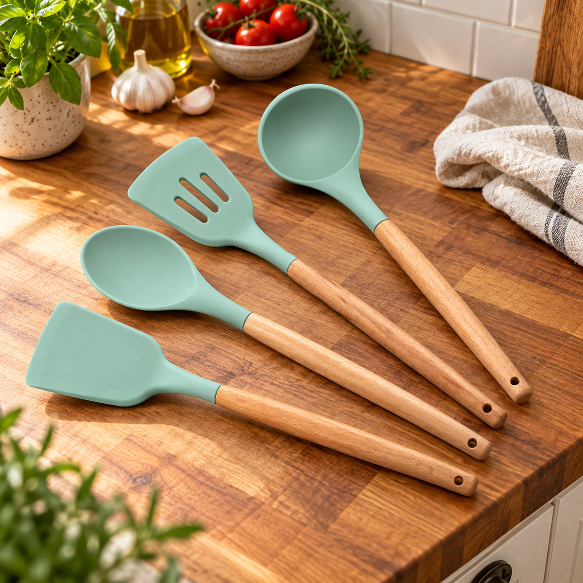 Four light-green silicone cooking utensils with wooden handles on a butcher-block counter