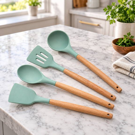 Four light-green silicone cooking utensils with wooden handles on a marble island