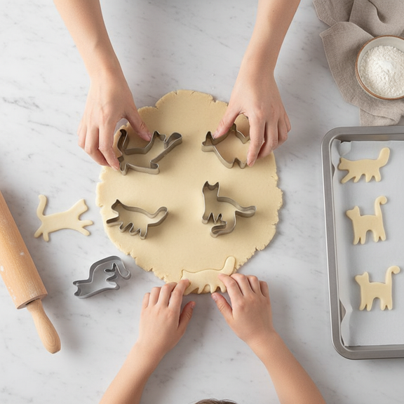 Overhead baking scene with the six cat-shaped cookie cutters