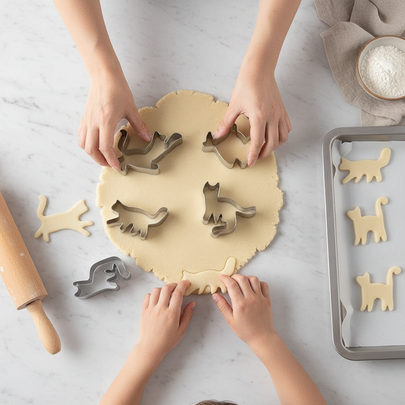 Overhead baking scene with the six cat-shaped cookie cutters