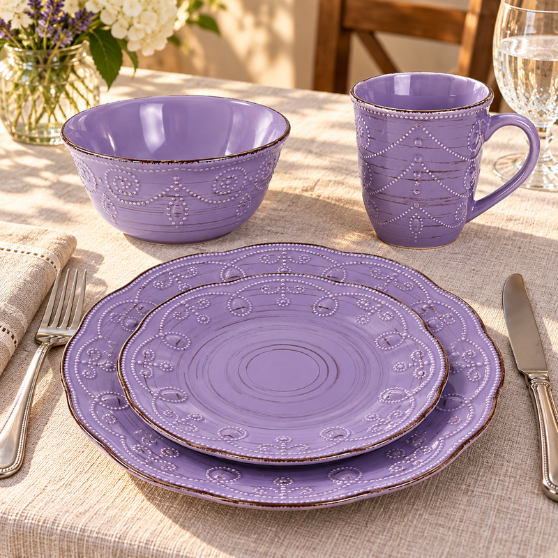 Rustic Birch purple embossed stoneware plates, bowl and mug on a linen dining table
