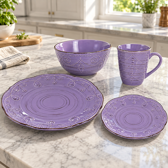 Four-piece selection of Rustic Birch purple embossed stoneware on a marble island