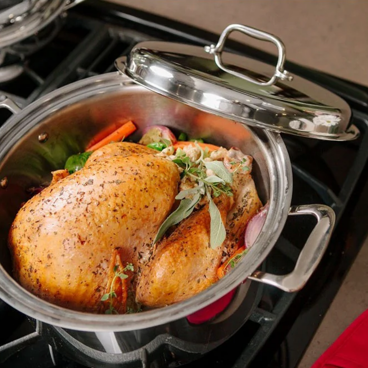 Roasted turkey in a pot on a stove with herbs and vegetables.
