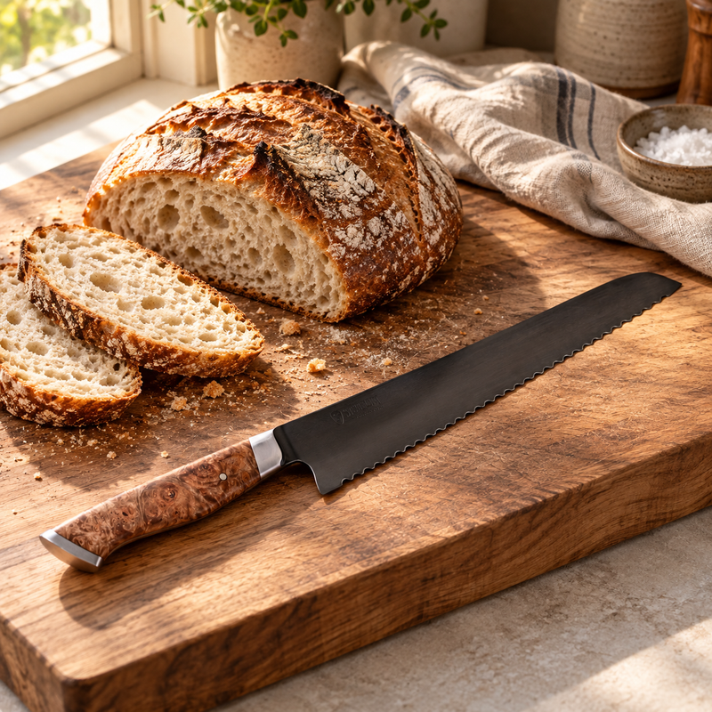 STEELPORT 10-inch carbon steel bread knife beside sliced sourdough on a wooden bread board