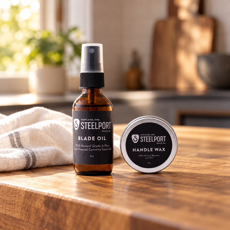 STEELPORT blade oil and handle wax care kit on a kitchen worktop beside a folded cloth