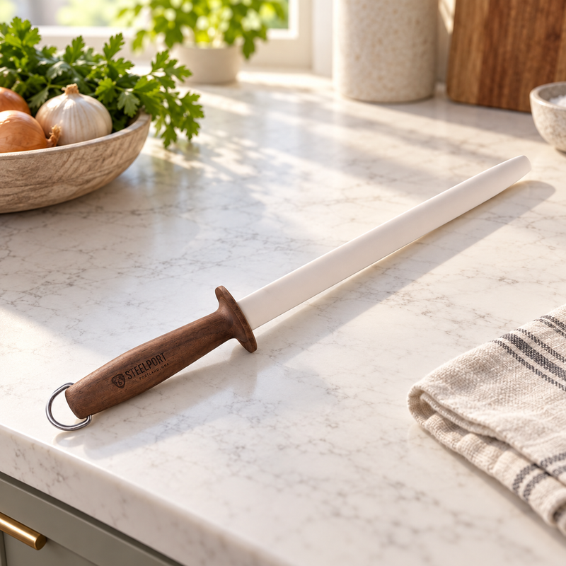 STEELPORT oval ceramic honing rod with walnut handle on a bright kitchen island