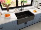 Matt Black Fireclay Farmhouse Kitchen Sink 33 inch Single Bowl Apron Sink with Bottom Grid in & Drain ;  Black Color