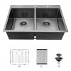 Double Bowl Drop in Sink- 33"x22" Gunmetal Black Double Bowl Kitchen Sink 16 Gauge with Two 10" Deep Basin