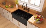 33 Inch Fireclay Farmhouse Kitchen Sink Black Single Bowl Apron Front Kitchen Sink, Bottom Grid and Kitchen Sink Drain Included