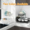 Dish Drying Rack for Kitchen Counter;  2 Tier with Drain Set Cup Holder Utensil Holder Stainless Steel Black